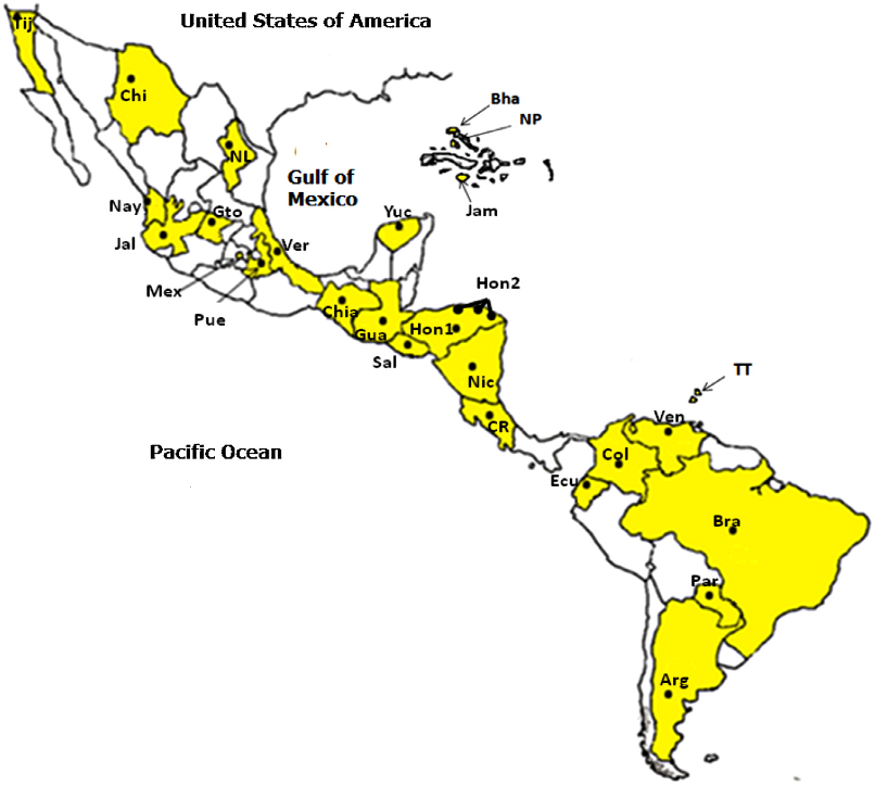 Fig. 1. Geographic location of the Mexican, Central America, South American, and Caribbean populations analyzed here. Shadow areas indicate the Mexican states and countries included in this study. Abbreviation meaning can be consulted in Table 1.