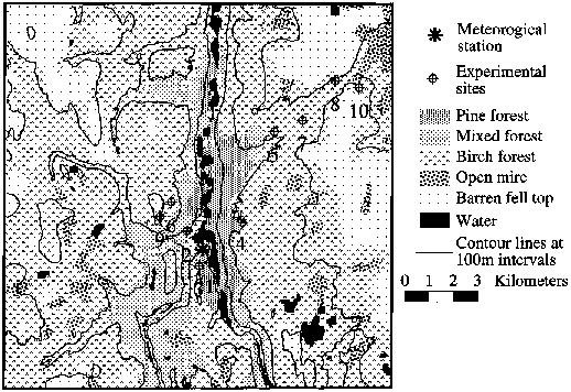 Fig. 1 Location of the Kevo Meterological Station, and our study sites. The major vegetation types in the area are based on the map of SeppaÈ laÈ and Rastas (1980). Criteria for vegetation type classes: Pine forest, at least 20% of the area covered by Scots pine; Mixed forest, mountain birch forest with scattered Scots pines, with less than 20% of the area covered by pines; Birch forest, some parts were damaged by Epirrita autumnata in the mid-sixties and are only partly recovered; Open mire, mire without forest cover; Barren fell top, area above the tree limit