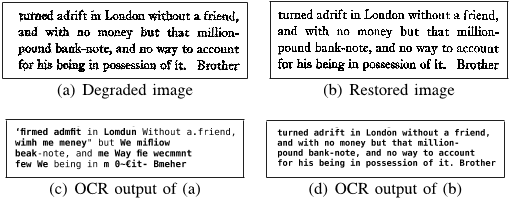 Fig. 1. Part of a scanned page of an old book with severe degradation and the restored image (b). Bold words in (c) and (d) indicate differences in Tesseract OCR results. We achieved significant improvement in error rate from 14% to 4.1%.