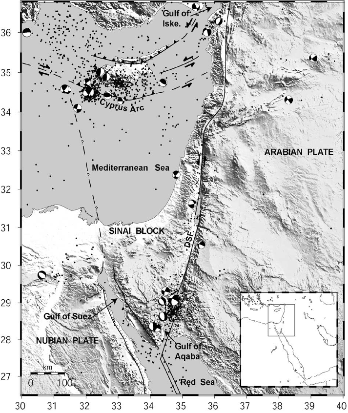 Fig. 1. Topographic (SRTM30) and tectonic map of the Sinai and surrounding region. Dots show seismicity (NEIC), focal mechanisms are from Harvard CMT. Inset shows location of study area within the context of the eastern Mediterranean. DSF=Dead Sea fault, Gulf of Iske.=Gulf of Iskenderum.
