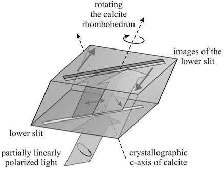 Fig. 2. Calcite rhombohedron used to measure the direction of polarization of transmitted skylight. All faces of the crystal are covered by a black adhesive carton paper, and only two narrow slits perpendicular to the crystallographic c-axis of the calcite remain open. Partially linearly polarized skylight entering the lower slit is separated into totally linearly polarized ordinary and extraordinary rays and form two images of the lower slit in the upper slit in the exit face.