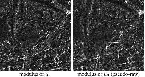 Fig. 2. Comparison between apodized and pseudo-raw images. Removing the apodization from uω yields the pseudo-raw image u0, we display here the modulus of a subpart of those two images. We can see that the pseudo-raw image u0 shows a better level of details than uω , as well as a more precise localization of the information. However, in the presence of strong targets, the signal is polluted by horizontal and vertical patterns.