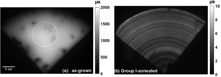 FIG. 2. PL based carrier lifetime images of the (a) as-grown sample and the Group I sample (650 °C-5 h; 1000 °C-11 h). The PL images were captured at an average injection level of Δp ¼ 5 1013 cm 3. The bright circle in the images is an artifact due to the conductance coil in the PL imaging tool.