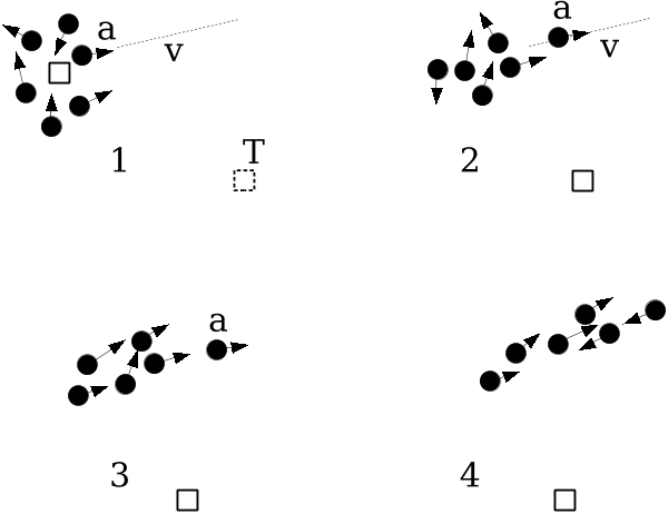 Fig. 2. Sequence of frames showing possible behavior when optimum shift is greater that swarm diversity. When the attractor T (square box, frame 1) shifts, particle a is at the global best, pg. a continues along trajectory v since it is not accelerated in this update (frame 2). Particle a continues to move along v, repositioning pg at each update, becoming in effect the swarm leader (frame 3). After a while, the swarm oscillates along v, about a point perpendicular to T (frame 4). Eventually random fluctuations will cause another particle to deviate from v and move closer towards the attractor. The swarm soon follows and converges on T .