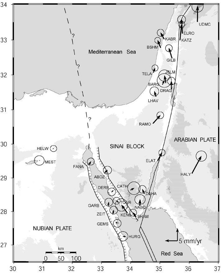 Fig. 2. Simplified tectonic map of the Sinai and surrounding regions show Lines with tick-marks are normal faults, ticks on downthrown block, doubl are given in Table 1.