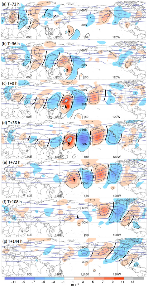 FIG. 3. Recurvature-relative composite analyses of all recurving WNP TCs (N 5 292) at 36-h intervals for (a)–(g) T 2 72 to T1 144 h. Analyses show 250-hPa meridional wind anomalies (shaded according to the color bar, m s21; enclosed by black contours where significant at the 99% confidence level) and PV (blue, every 1 PVU). The TC symbol denotes the composite TC position, which is plotted for (a)–(f) T 2 72 to T 1 108 h. Solid and dashed black lines denote subjectively identified 250-hPa ridges and troughs, respectively.