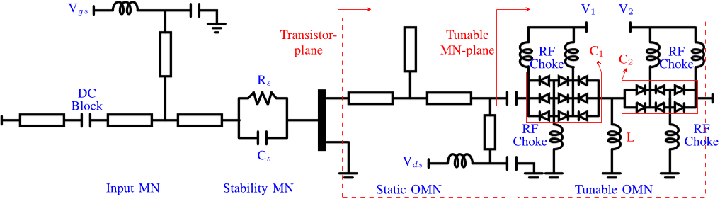 Fig. 3. Schematic of the load-modulated power amplifier with varactors in anti-series configurations to increase their power handling capabilities.