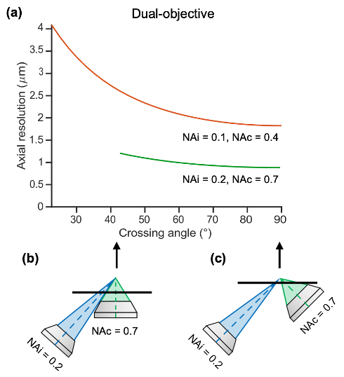 Fig. 4. Axial resolution of a dual-objective system. (a) Axial resolution depends strongly on crossing angle at small angles but does not improve much beyond angles of 60°. Curves for two example illumination and collection NA pairs are shown (# 8 = 0.1, # 2 = 0.4; # 8 = 0.2, # 2 = 0.7), but these trends are consistent across different choices of illumination and collection NA. (b) The minimum angle plotted for each system is the minimum crossing angle before the objective cones overlap. (c) The maximum crossing angle is 90° (the conventional ODO case), which yields the maximum possible axial resolution.