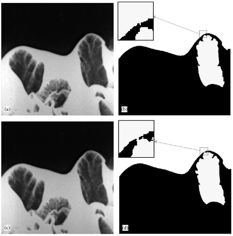 Fig. 4. Determination of the eruption instant: (a) and (c) original photographs (elapsed time: 4ms), (b) and (d) treated photographs with a zoom in the breaking region.