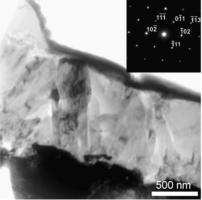 Fig. 5. Cross-section TEM bright field image and SAED pattern (inset) obtained from an alumina coating deposited on WC/Co at 650ºC. The SAED was obtained from an area close to the center of the coating showed in this micrograph. ZA = [2,1,1].