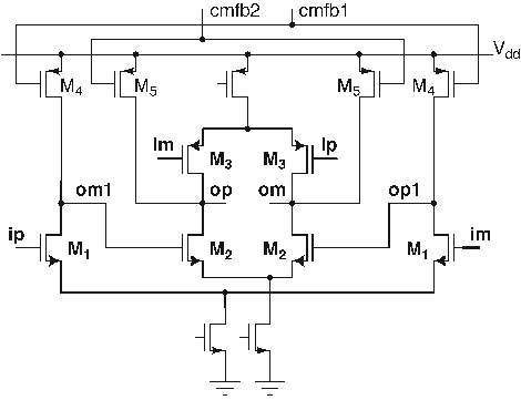Fig. 5. Feedforward-compensated opamp with shared bias currents.