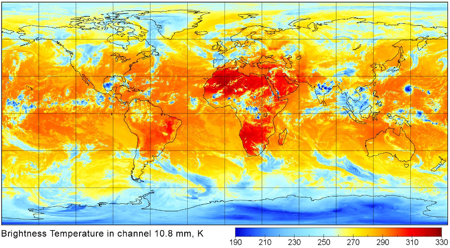 Figure 1. Global composite map of the brightness temperature in channel 10.8 m generated for Sep-15-2015 13:23UTC. The continuous coverage leaves no gaps and apparent disruptions in the temperature field.