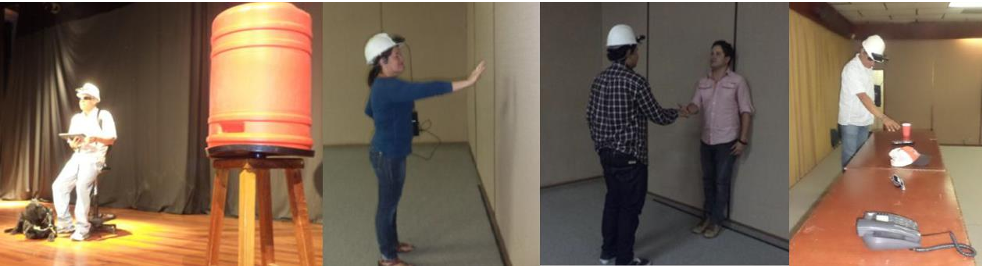 Figure 14: Random pictures of our experiments. Leftmost: a blind individual finding a red target, while sippining on a chair. Left: a blind individual sensing a wall. Right: A blind person finding someone. Rightmost: A blind participant grasping targeted items.