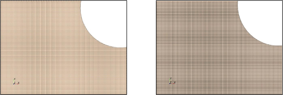 Figure 15. Snapshots showing local refinement of surface mesh at the deck underside near the aft column: reference mesh, level 1 (left); fine mesh, level 2 (right).
