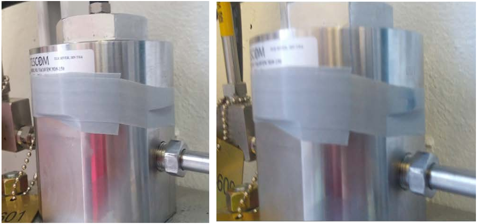 Figure 18. Indication 9: DetecTape mounted on a valve installed on a hydrogen system in the ESIF High Pressure Test Bay, showing before (left) and after (right) a normal indication (ID# 2015-11-16-050).