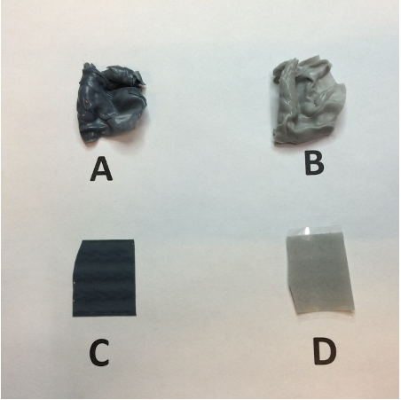 Figure 19: DetecTape samples deployed on the Gas Management Panel of the NREL Hydrogen Dispenser (A and B) compared to fresh samples (C and D). The deployment was from July 2015 until April 1, 2016. Samples A and C were exposed to 5.7 vol% H2 in nitrogen under laboratory conditions, while Samples B and D are shown prior to laboratory hydrogen exposures. Sample A corresponds to deployment number 2015-07-08-013, and B corresponds to deployment number 2015-07-08-004.