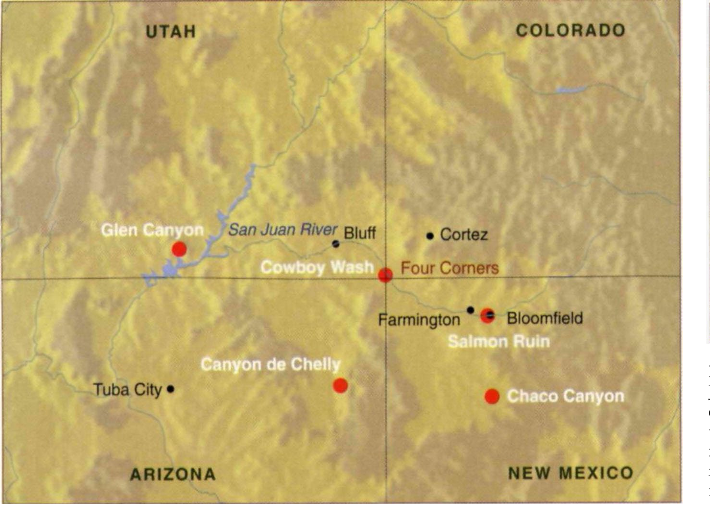 Figure 2. Cowboy Wash, Utah, near the San Juan River and Four Corners, is the only Ancestral Pueblo archaeological excavation to turn up coprological evidence of cannibalism. Evidence from other sites (red dots) confirms the people’s diverse diet. (Topographic map courtesy of the U.S. Geological Survey.)