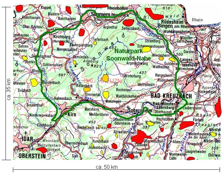 Figure 2. Représentation cartographique simplifiée du mitage des espaces par les éoliennes à partir de la région autour du parc naturel de Soonwald-Nahe (cadre vert), un des espaces encore relativement épargné par les éoliennes en Rhénanie-Palatinat (cartographie et recherches de Michael Altmoos, janvier 2014).