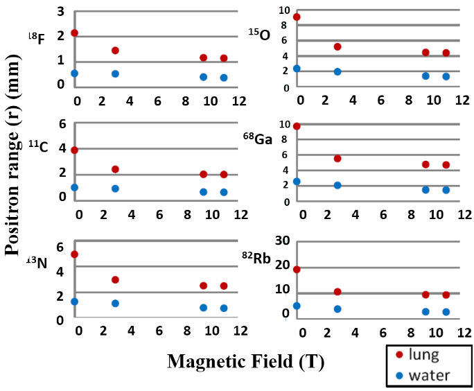 Figure 3: Mean positron range versus magnetic field, for all simulated positron emitters, in water and lung tissue phantoms [14].