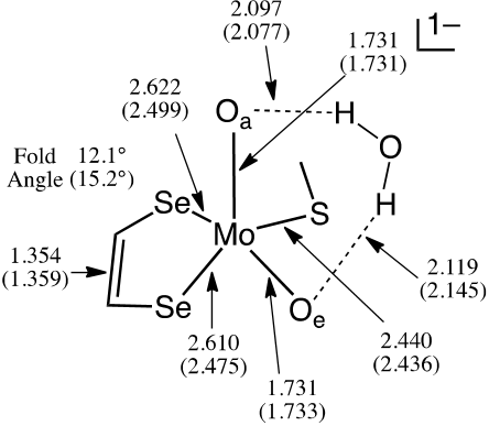 Figure 3. The structure of the oxidized diselenolene complex, L'LMoO2, with key bond lengths provided in angstroms. Bond lengths for the dithiolene complex are provided in the parentheses.