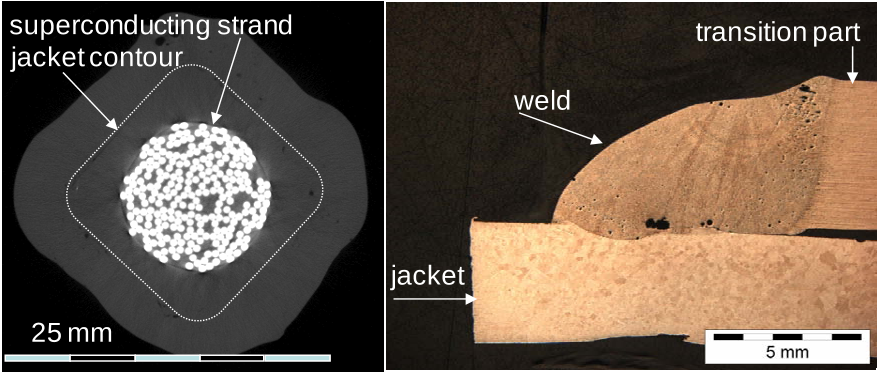 Figure 3: Typical examples of pores and cracks in the weld as observed in a computer tomography scan in axial direction (left) and on a cut section through the weld after etching (right).