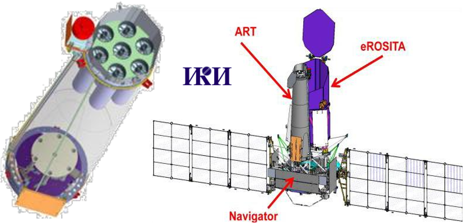 Figure 7. Astronomical Röntgen Telescope (ART) onboard Spectrum-Röntgen-Gamma (SRG). The ART drawing (Left) shows its 7 mirror assemblies and star tracker (top) and 7 detector collimators (bottom). The SRG drawing (Right) displays the two co-aligned telescope optical benches for ART and for eROSITA.