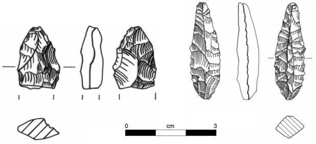 Figure 8. Two fusiform bifacial points, right) from L2423 surface; left) from AH I of the excavation. Please note that the left piece is broken and unfinished.