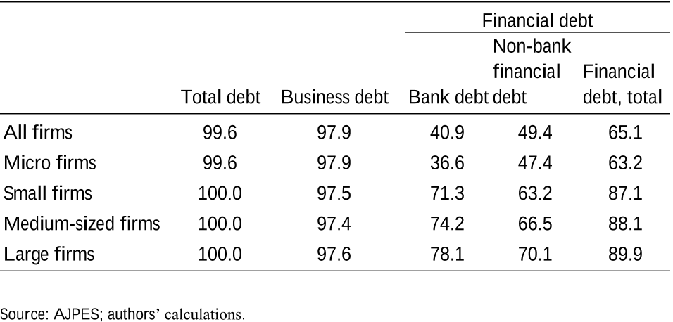 Table 2. Firm indebtedness by firm-size group and type of debt, 2008 (Percent of firms in each size group that had a particular type of debt in 2008)